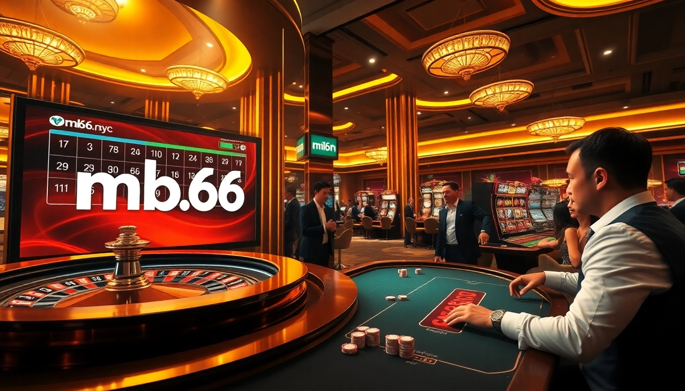 Experience thrilling gameplay at mb66.nyc with an exciting casino environment filled with poker chips and roulette wheels.