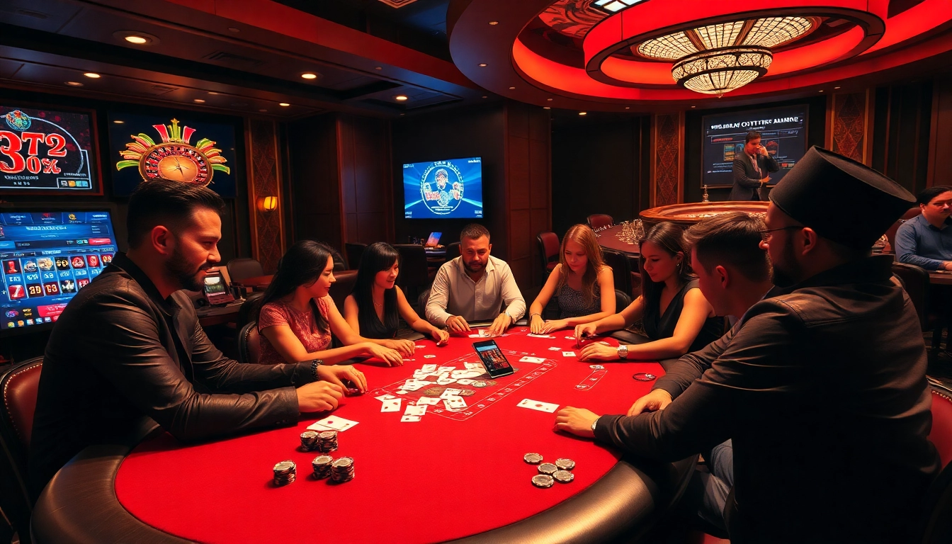 Players strategizing at a poker table in a luxurious casino setting on https://gamemanclub.wiki, showcasing high-stakes energy.