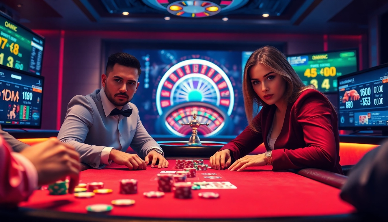 Engage in high-stakes poker action at https://fly88.ad/ showcasing a vibrant casino atmosphere with intense gameplay.
