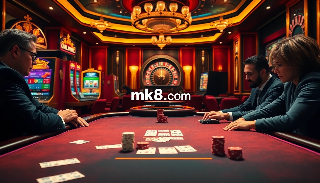 Poker players strategize their bets at a luxurious table, showcasing mk8.com for thrilling online gambling.