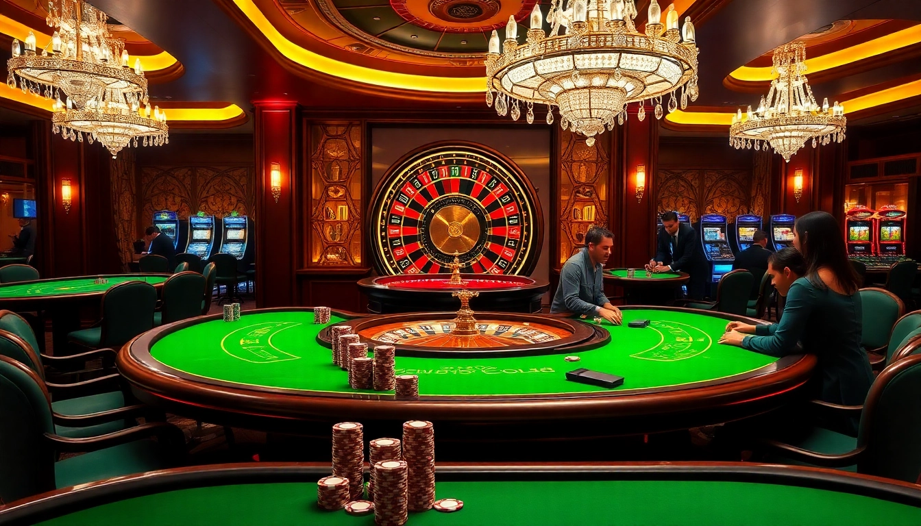 A professional poker game at go8s.bio/ featuring luxurious tables and vibrant slot machines.