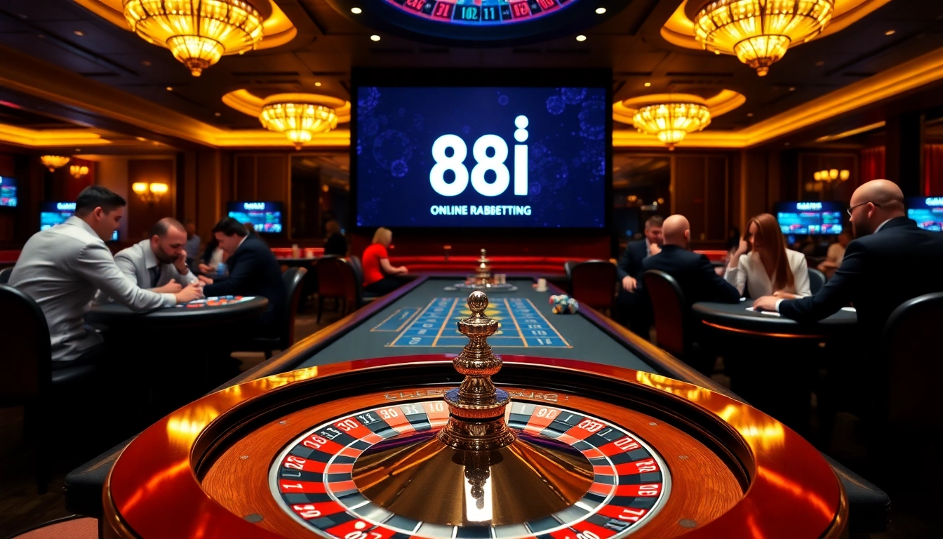 Exciting casino scene featuring link 88i, roulette wheel, and poker chips, showcasing online gambling.