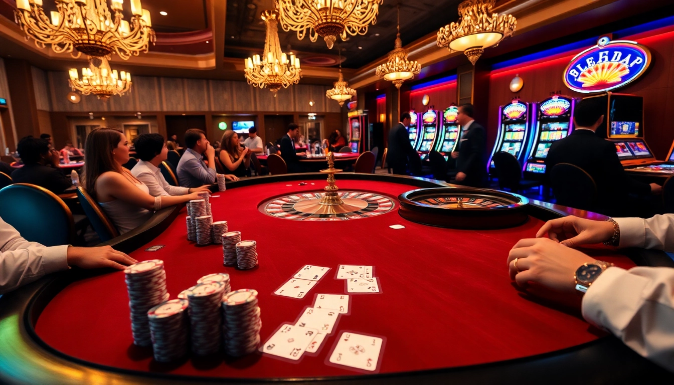 Players enjoying a thrilling game at the BL555 poker table in a luxurious casino setting.