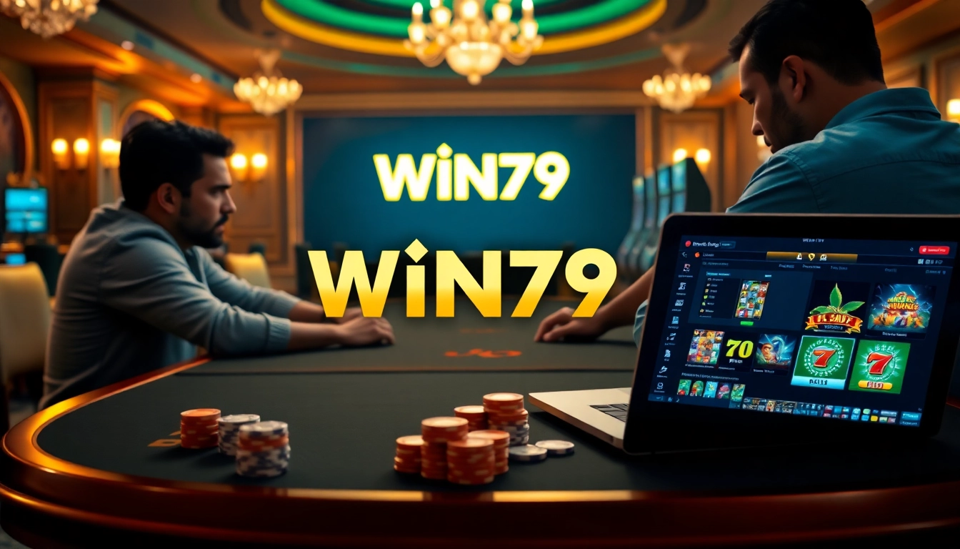 Engaged players strategizing at the Win79 casino poker table with vibrant gaming visuals.