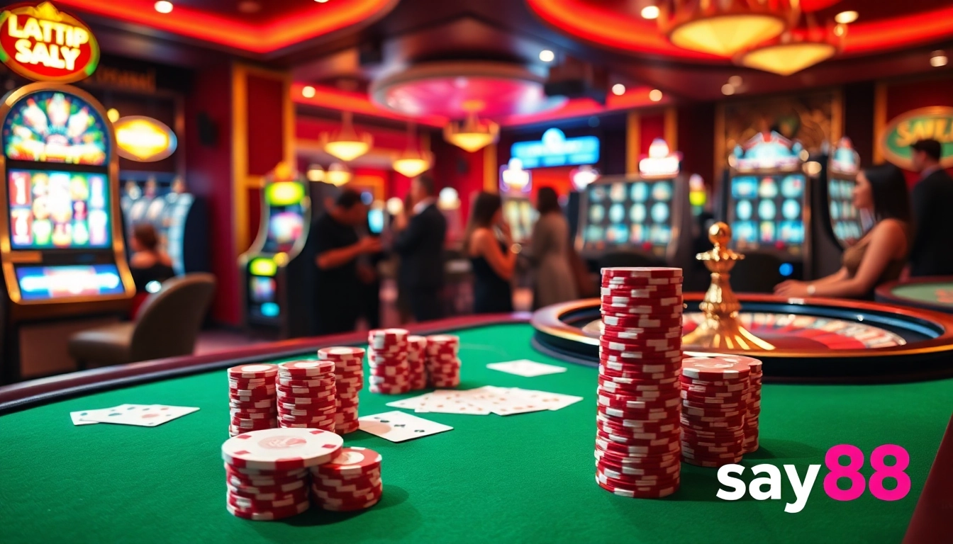 Experience the excitement of say88 with players engaged in high-stakes gambling at a vibrant casino table.